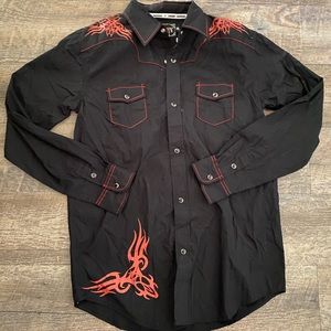 Cowboy Hardware Western black shirt w/ orange trim